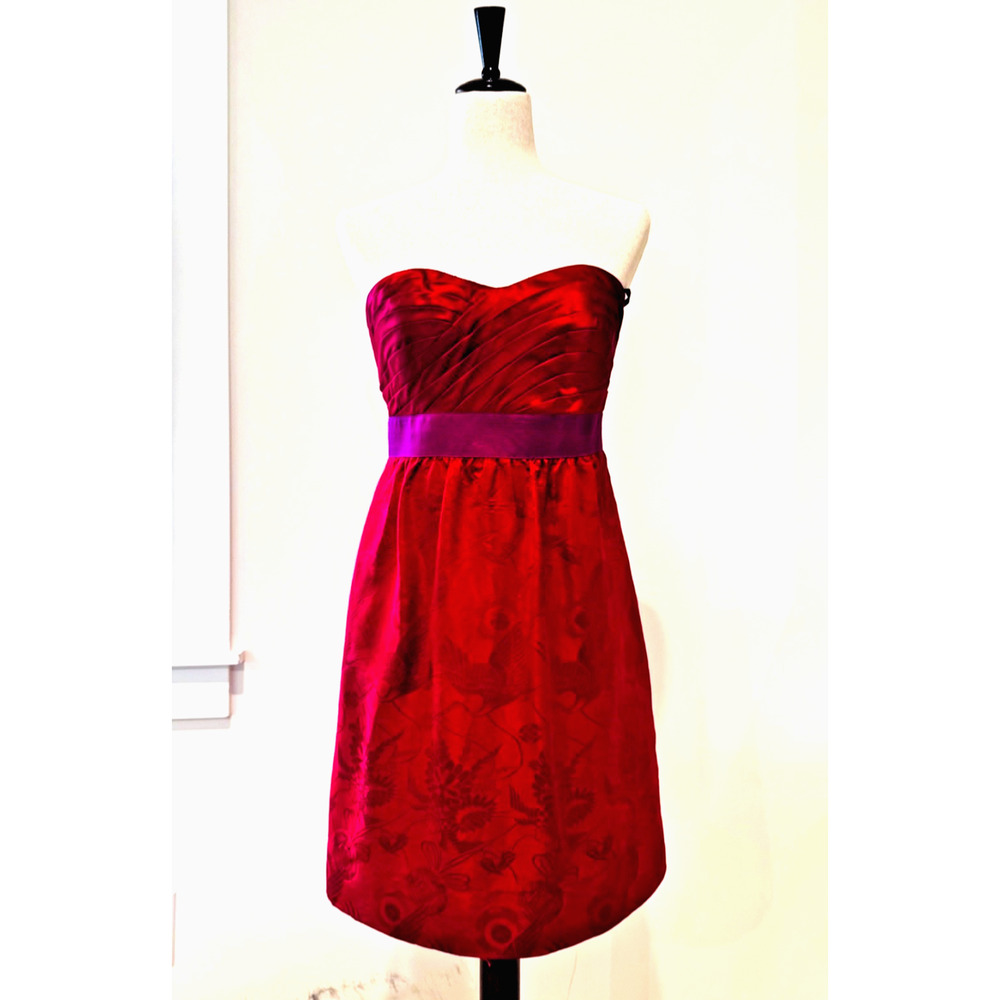 Phoebe Couture Sz 6 100% Silk Jacquard Ruched Shift Dress Strapless Red